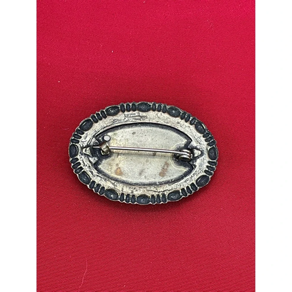 Vintage Reverse Painted Glass Floral Basket Brooch Oval Brass Tone